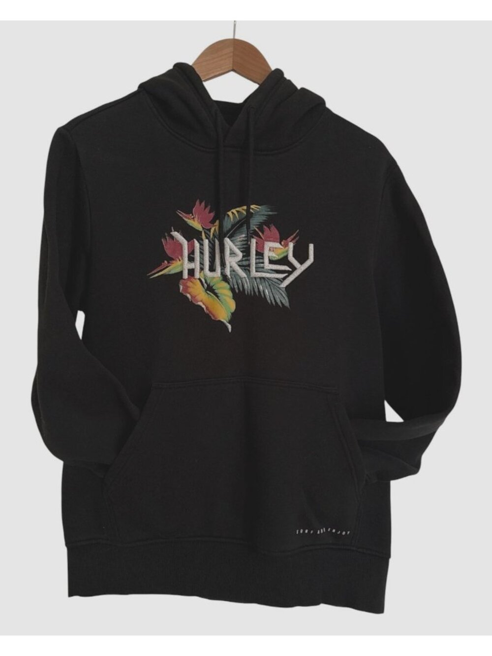 Hurley Mens Black Hoodie Tropical Embroidery Kangaroo Pocket Size Small